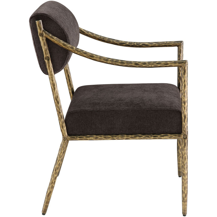 Bastille Chenille Fabric Upholstered Dining Arm Chair — Brown / Brushed Brass