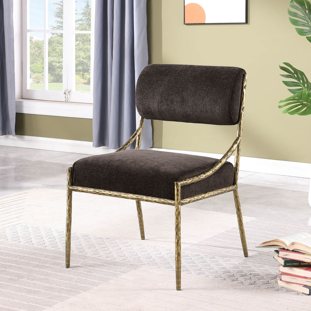Bastille Chenille Fabric Upholstered Dining Side Chair — Brown / Brushed Brass