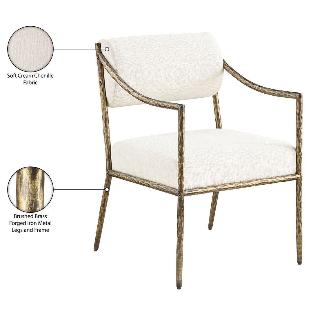 Bastille Chenille Fabric Upholstered Dining Arm Chair — Cream / Brushed Brass