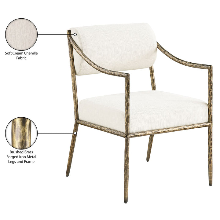 Bastille Chenille Fabric Upholstered Dining Arm Chair — Cream / Brushed Brass