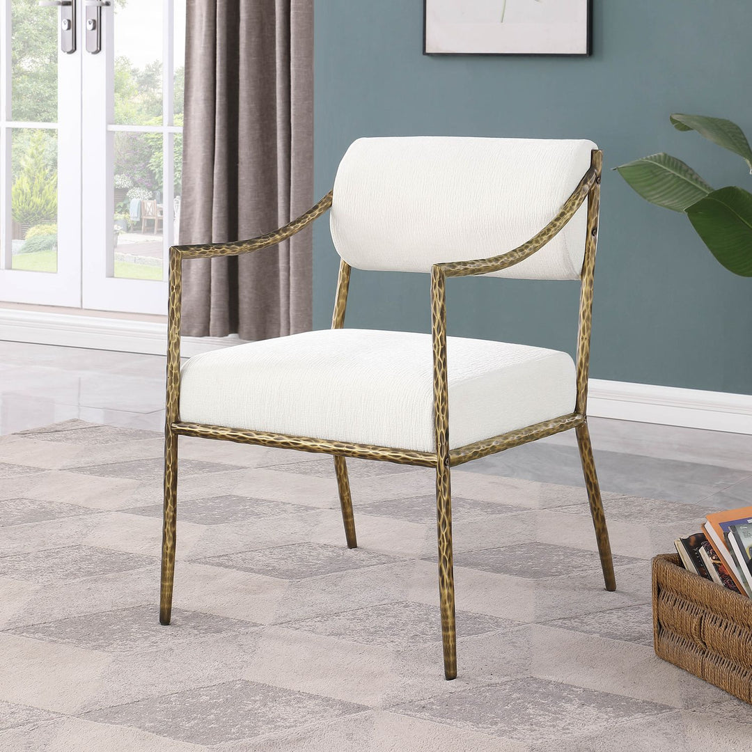 Bastille Chenille Fabric Upholstered Dining Arm Chair — Cream / Brushed Brass