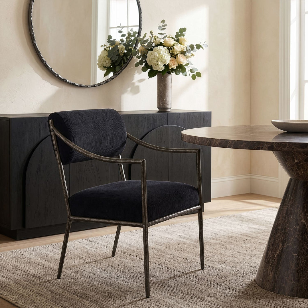 Bastille Chenille Fabric Upholstered Dining Arm Chair — Black / Antique Silver