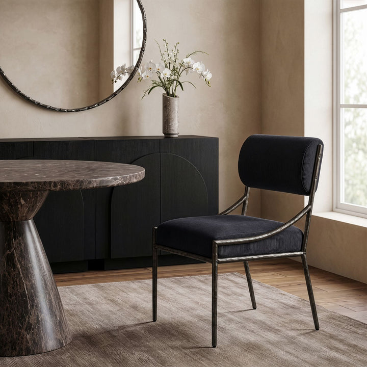 Bastille Chenille Fabric Upholstered Dining Side Chair — Black / Antique Silver