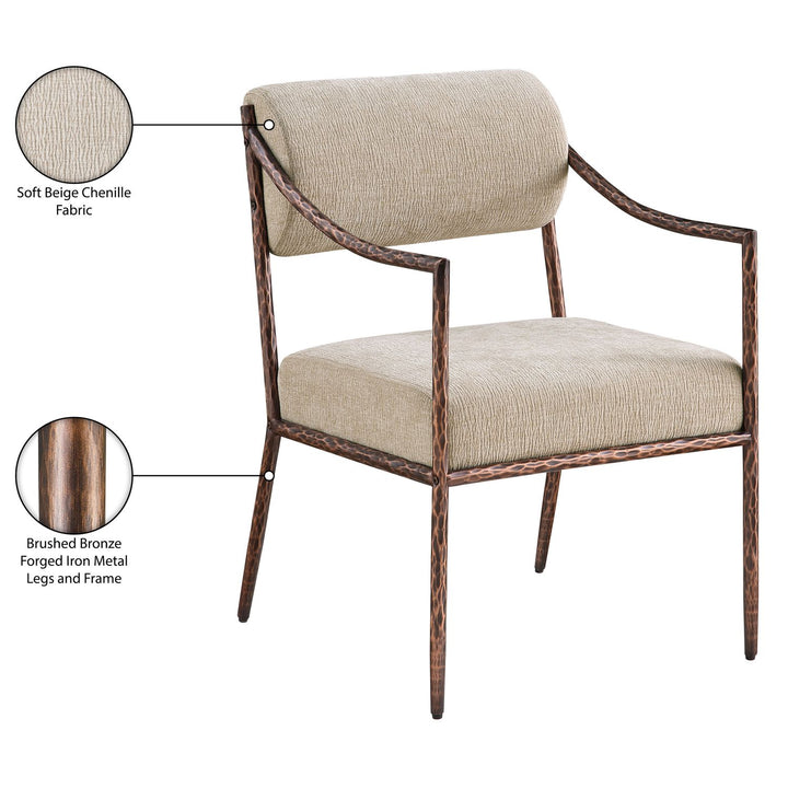 Bastille Chenille Fabric Upholstered Dining Arm Chair — Beige / Brushed Bronze