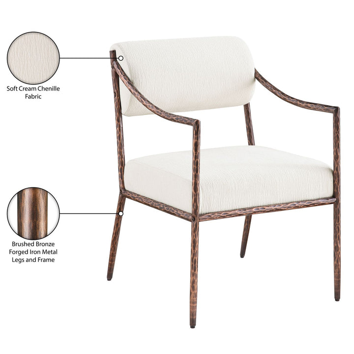 Bastille Chenille Fabric Upholstered Dining Arm Chair — Cream / Brushed Bronze