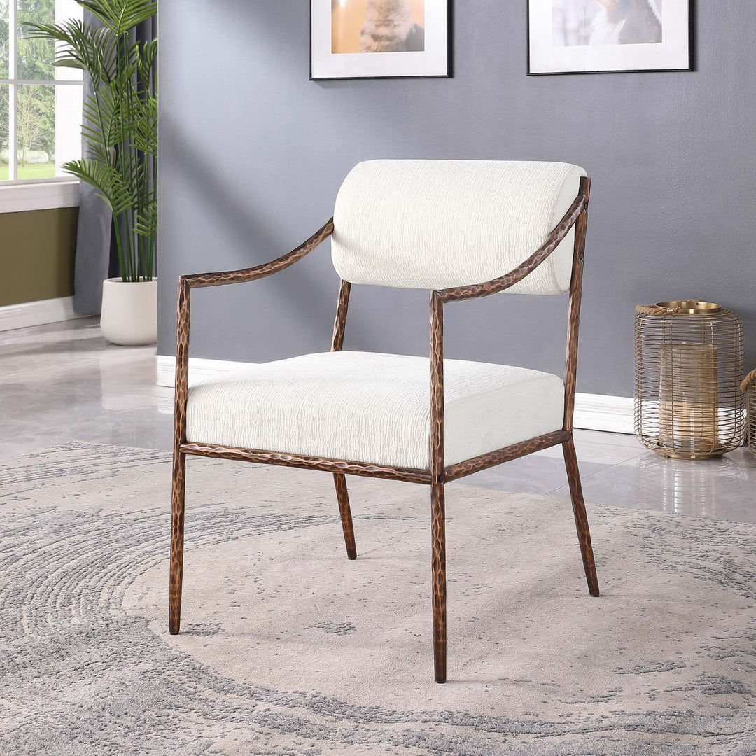 Bastille Chenille Fabric Upholstered Dining Arm Chair — Cream / Brushed Bronze