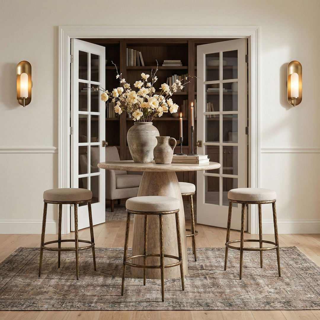 Ferro Performance Fabric Upholstered Bar Stool — Beige / Antique Brass