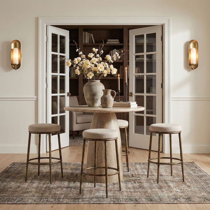 Ferro Performance Fabric Upholstered Bar Stool — Beige / Antique Brass