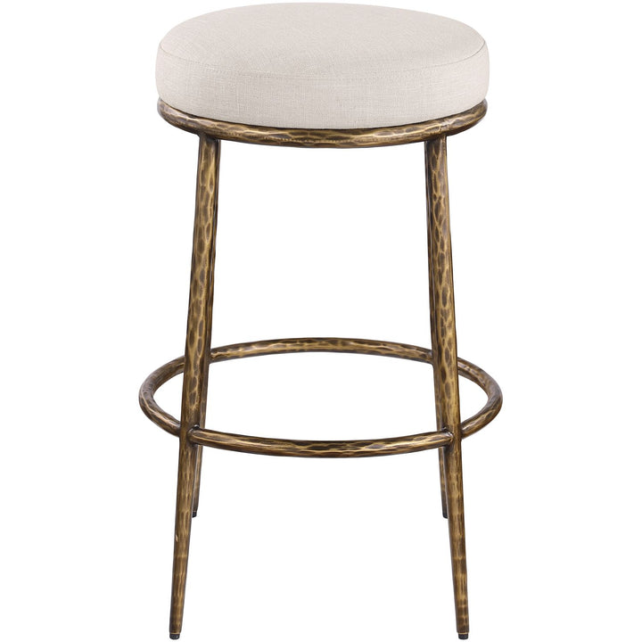 Ferro Performance Fabric Upholstered Bar Stool — Beige / Antique Brass