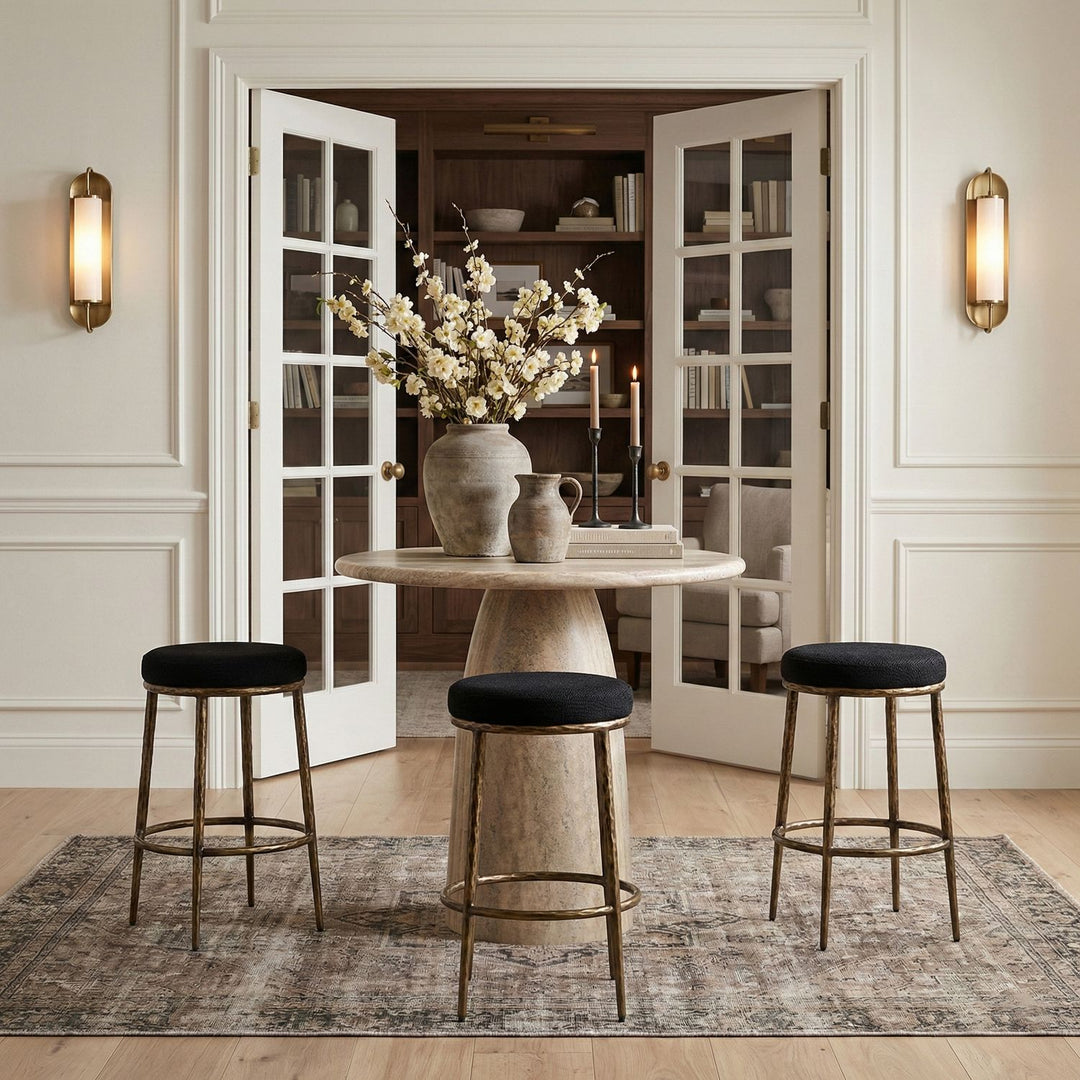 Ferro Performance Fabric Upholstered Bar Stool — Black / Antique Brass
