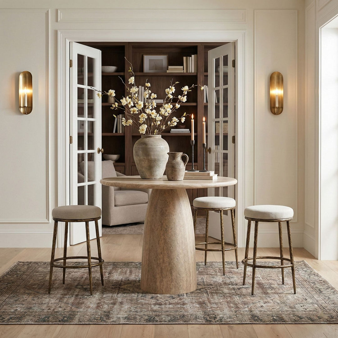 Ferro Performance Fabric Upholstered Bar Stool — Cream / Antique Brass