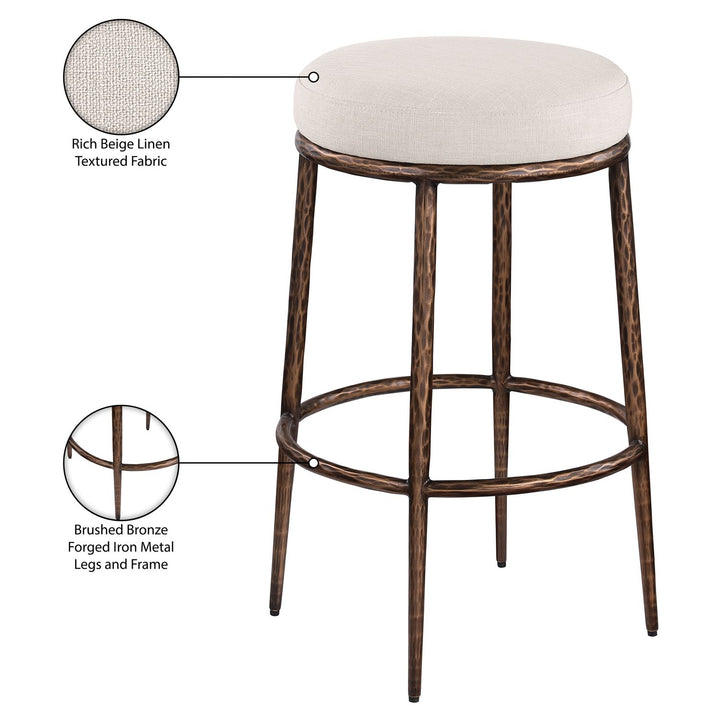 Ferro Performance Fabric Upholstered Bar Stool — Beige / Antique Bronze