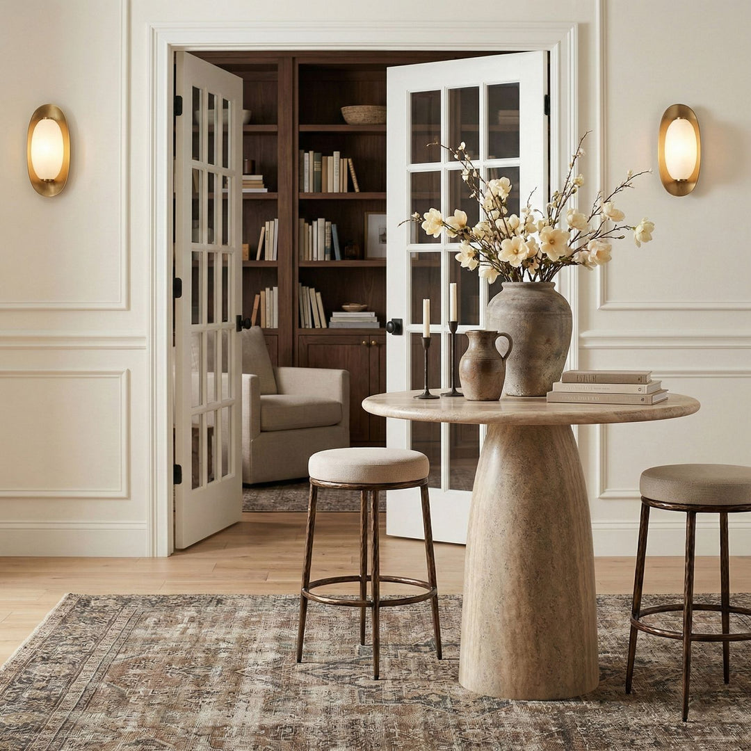Ferro Performance Fabric Upholstered Bar Stool — Beige / Antique Bronze
