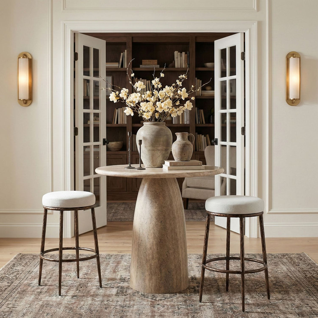 Ferro Performance Fabric Upholstered Bar Stool — White / Antique Bronze