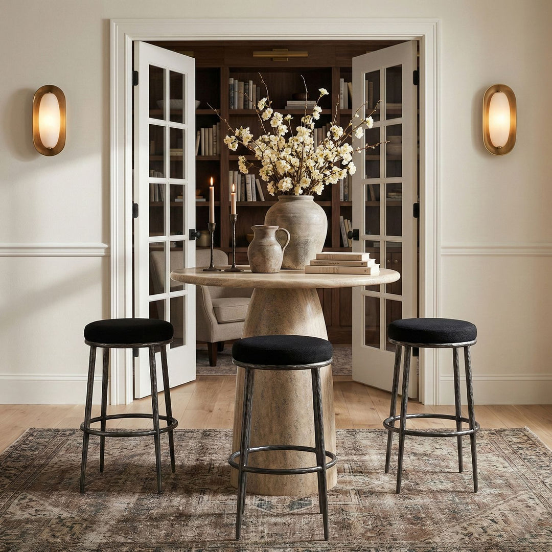 Ferro Performance Fabric Upholstered Bar Stool — Black / Antique Silver