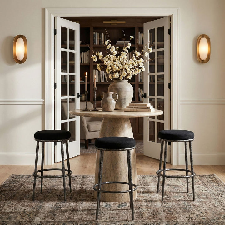 Ferro Performance Fabric Upholstered Bar Stool — Black / Antique Silver
