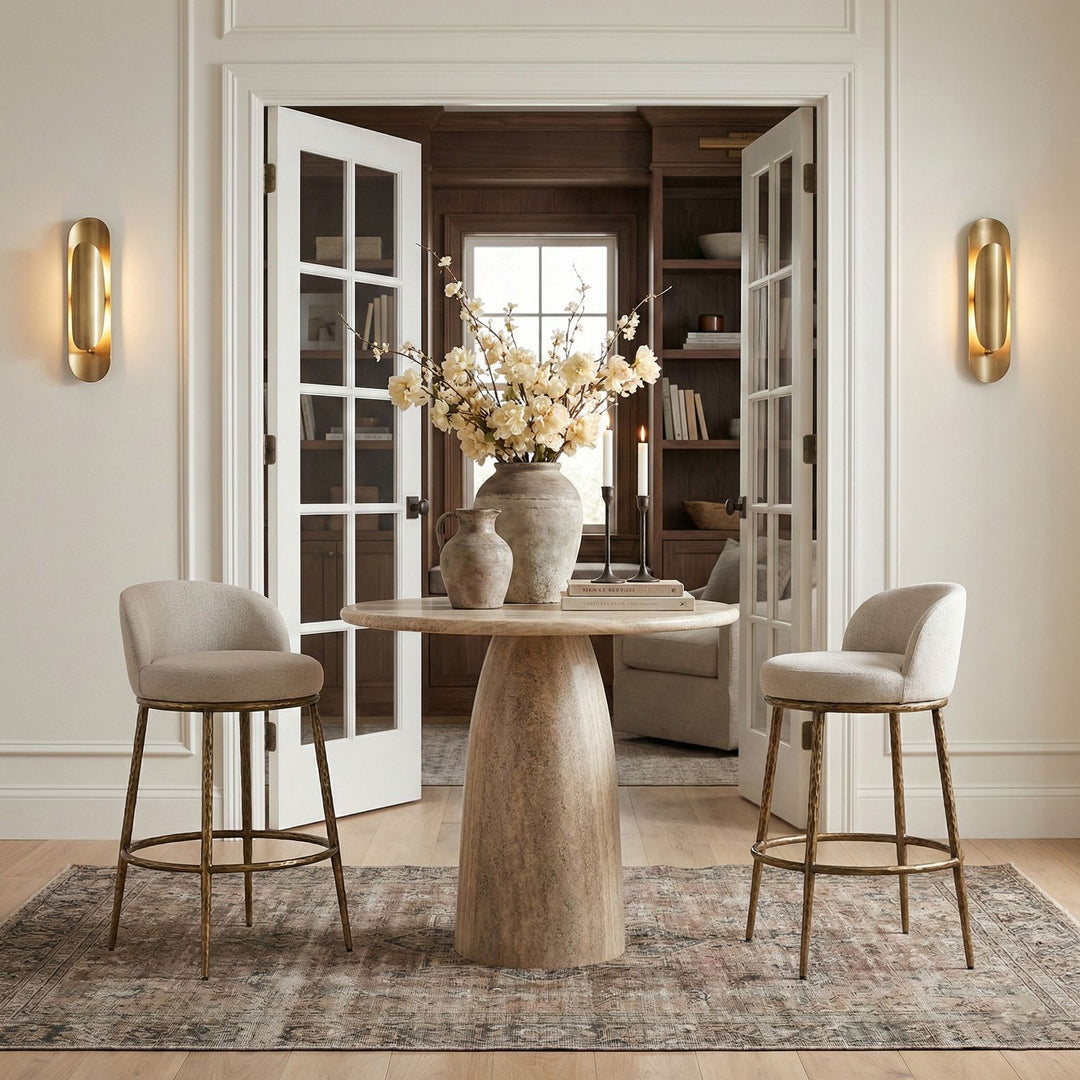 Ferro Performance Fabric Upholstered Bar Stool — Beige / Antique Brass