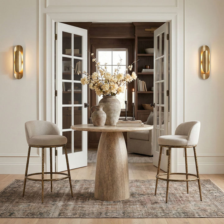 Ferro Performance Fabric Upholstered Bar Stool — Beige / Antique Brass