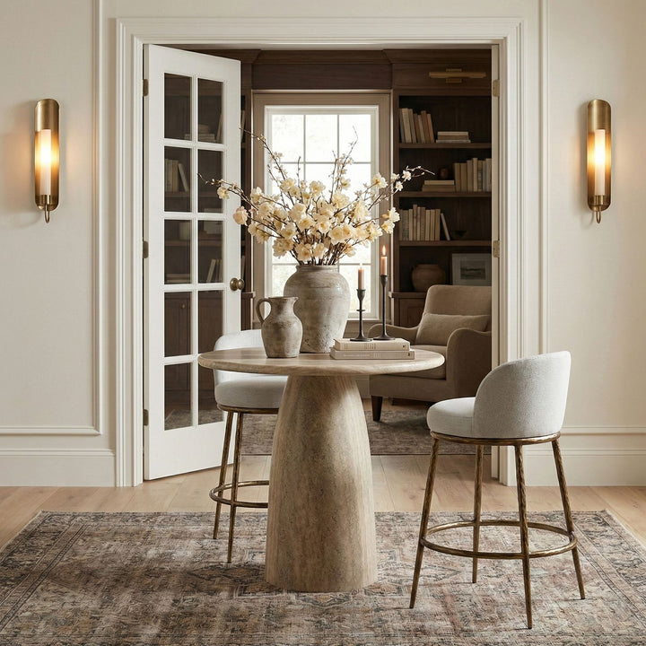 Ferro Performance Fabric Upholstered Bar Stool — White / Antique Brass