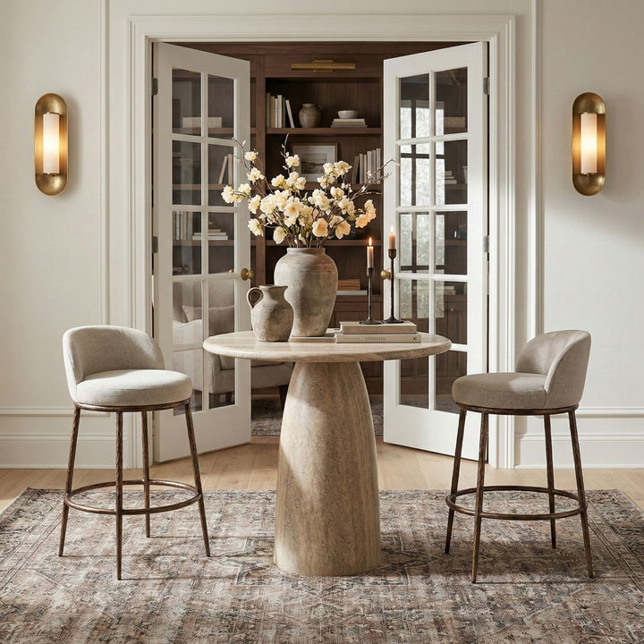 Ferro Performance Fabric Upholstered Bar Stool — Beige / Antique Bronze