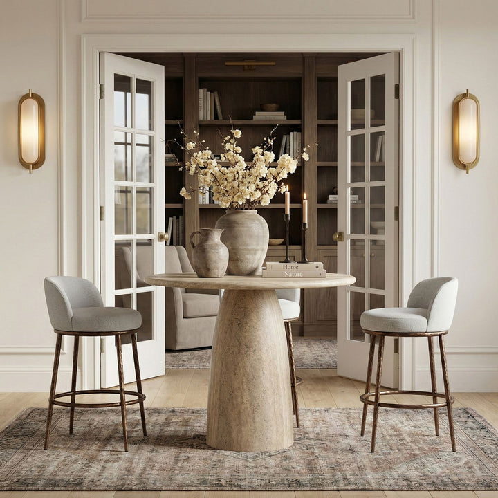Ferro Performance Fabric Upholstered Bar Stool — White / Antique Bronze