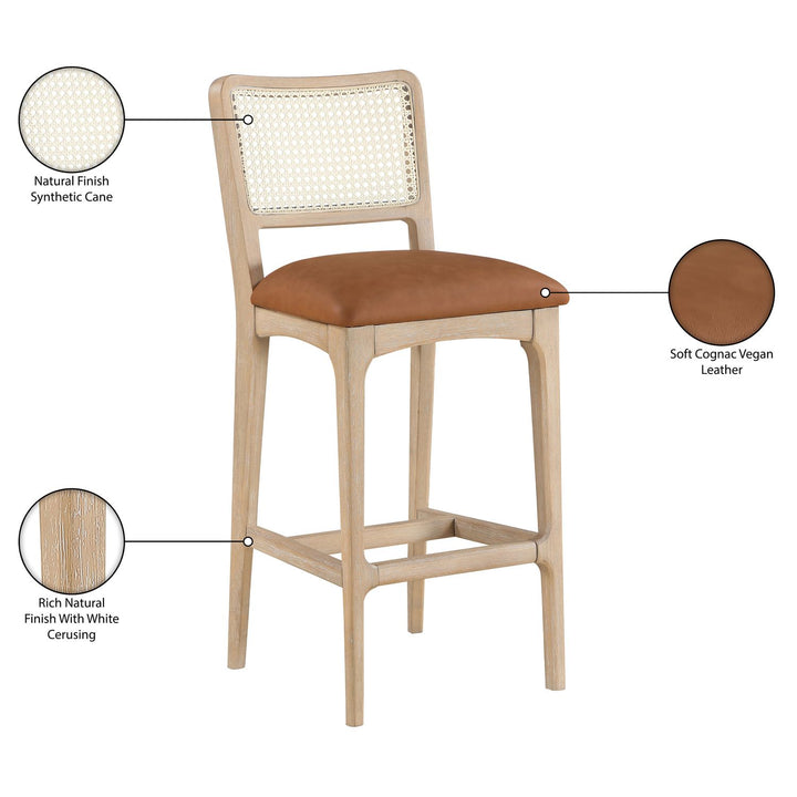 Atrium Cane Back And Vegan Leather Upholstered Bar Stool — Cognac / Brushed Natural / White Cerusing