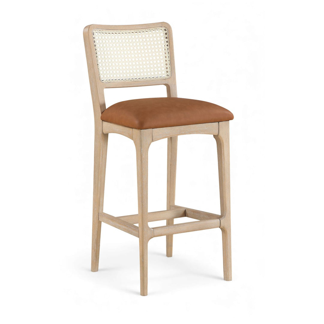 Atrium Cane Back And Vegan Leather Upholstered Bar Stool — Cognac / Brushed Natural / White Cerusing