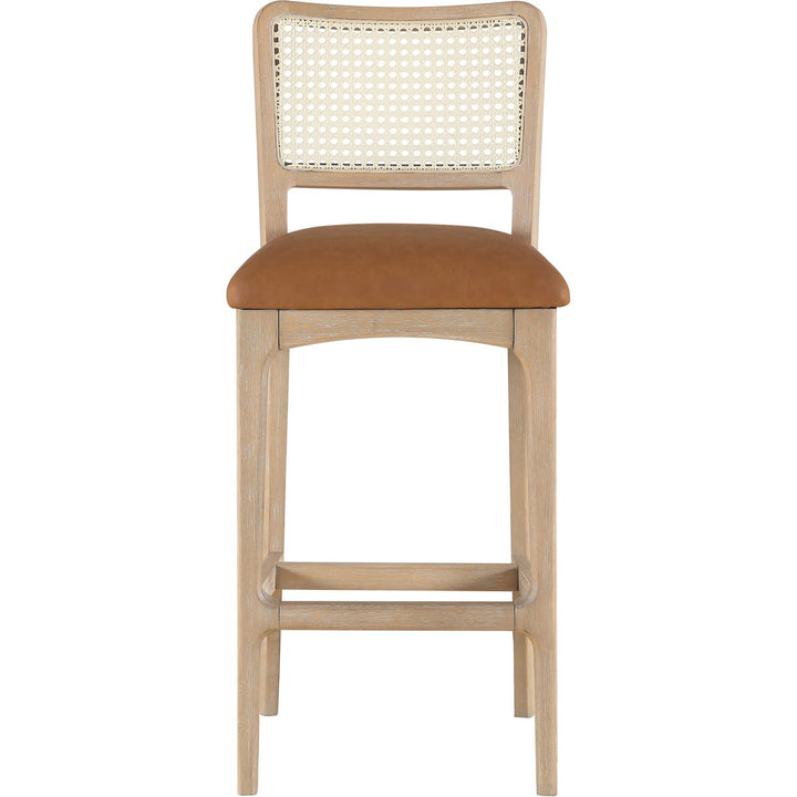 Atrium Cane Back And Vegan Leather Upholstered Bar Stool — Cognac / Brushed Natural / White Cerusing