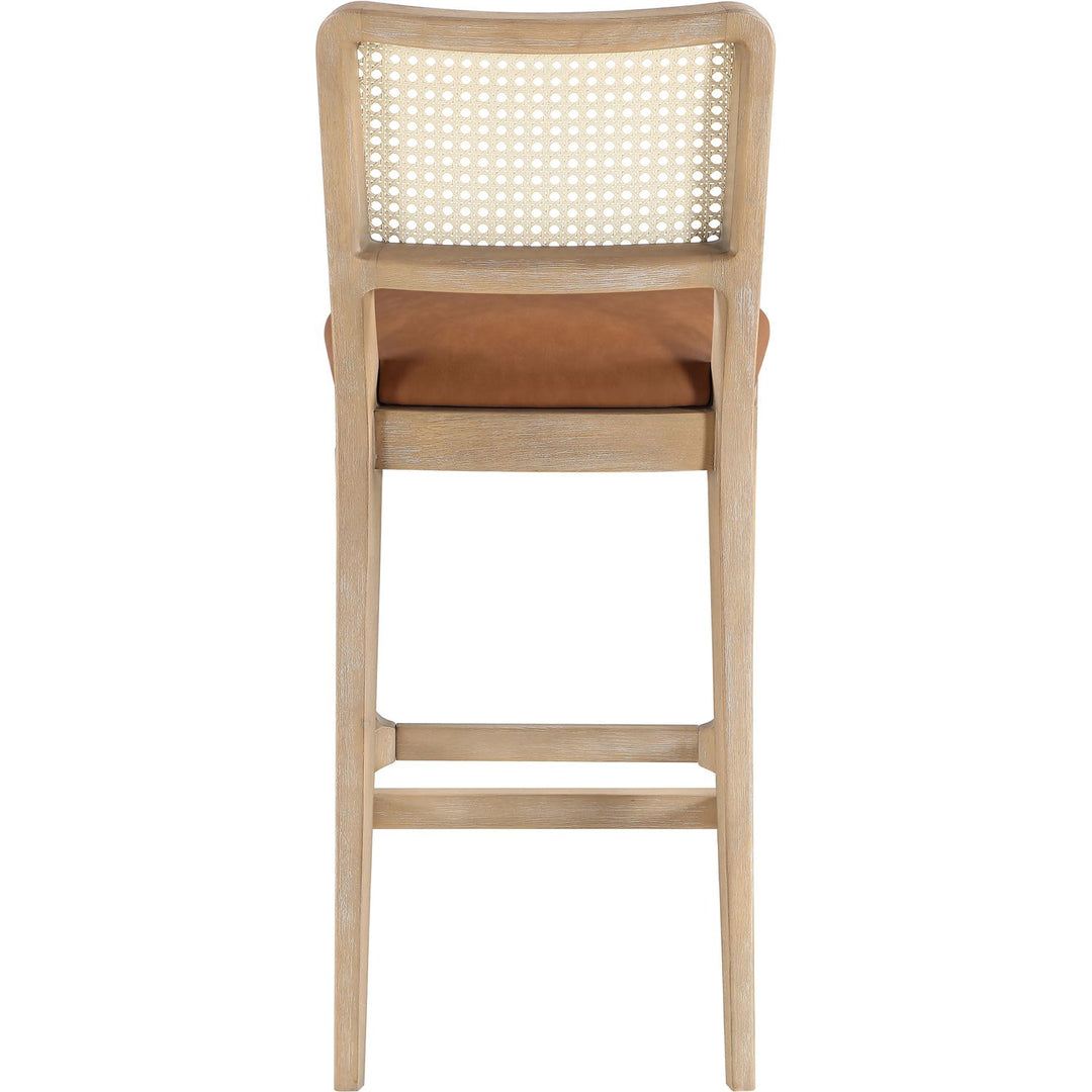 Atrium Cane Back And Vegan Leather Upholstered Bar Stool — Cognac / Brushed Natural / White Cerusing