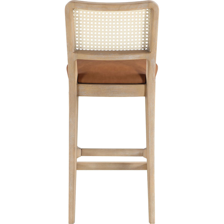 Atrium Cane Back And Vegan Leather Upholstered Bar Stool — Cognac / Brushed Natural / White Cerusing