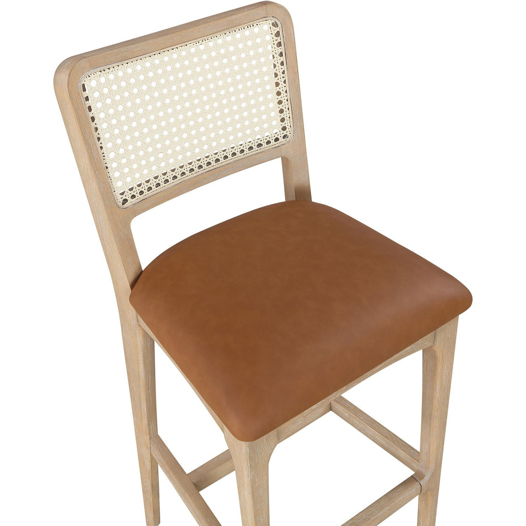Atrium Cane Back And Vegan Leather Upholstered Bar Stool — Cognac / Brushed Natural / White Cerusing