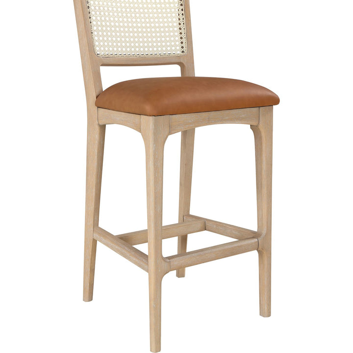 Atrium Cane Back And Vegan Leather Upholstered Bar Stool — Cognac / Brushed Natural / White Cerusing