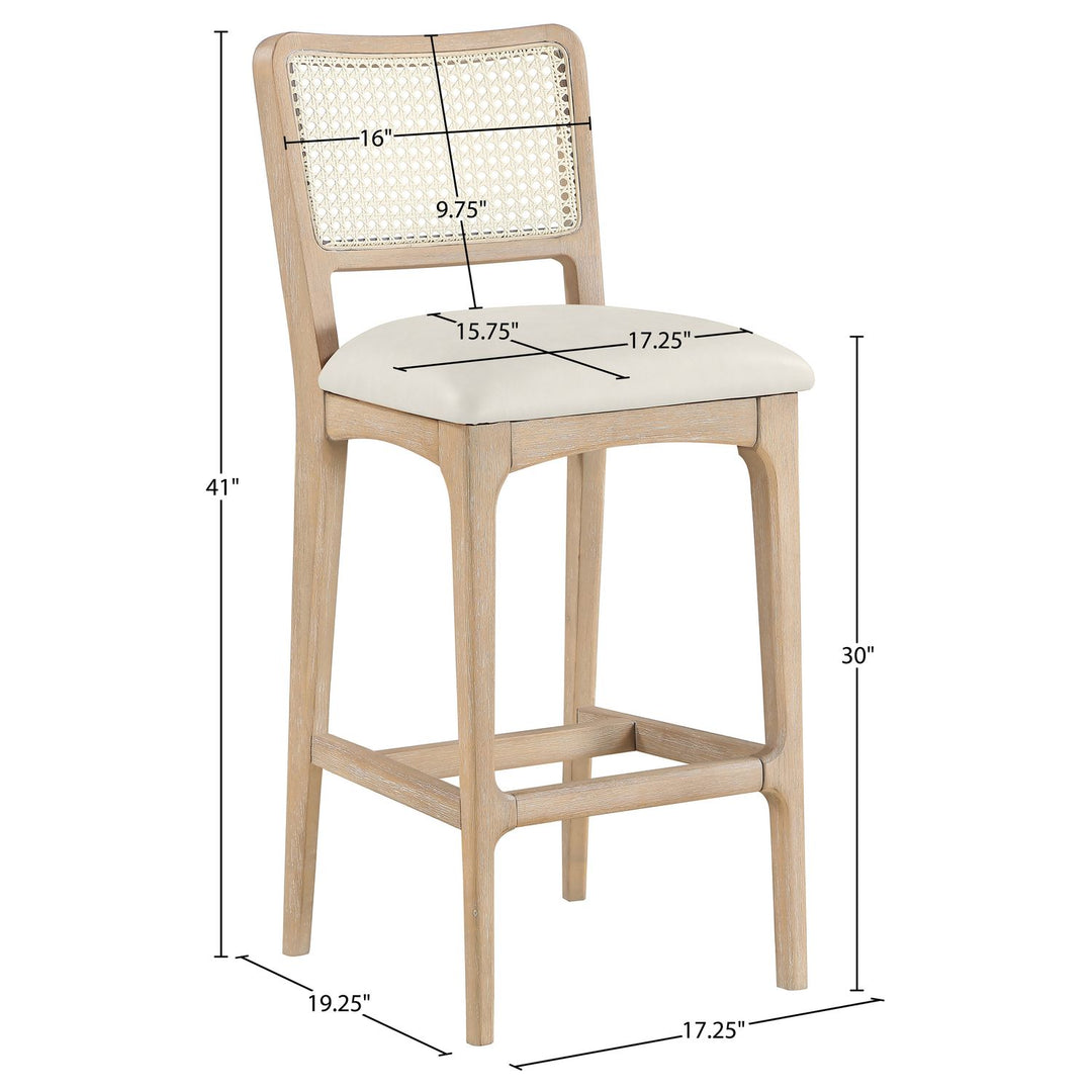 Atrium Cane Back And Vegan Leather Upholstered Bar Stool — Cream / Brushed Natural / White Cerusing