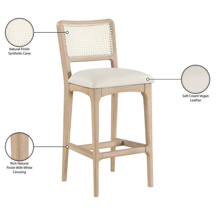 Atrium Cane Back And Vegan Leather Upholstered Bar Stool — Cream / Brushed Natural / White Cerusing