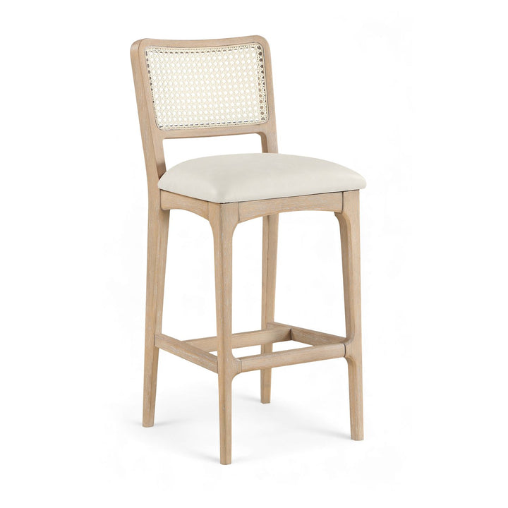 Atrium Cane Back And Vegan Leather Upholstered Bar Stool — Cream / Brushed Natural / White Cerusing