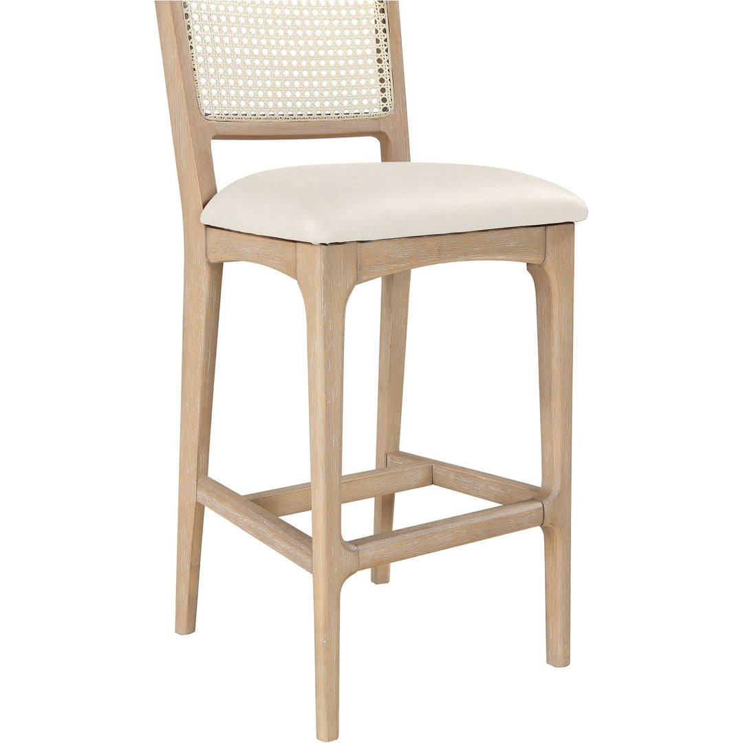 Atrium Cane Back And Vegan Leather Upholstered Bar Stool — Cream / Brushed Natural / White Cerusing