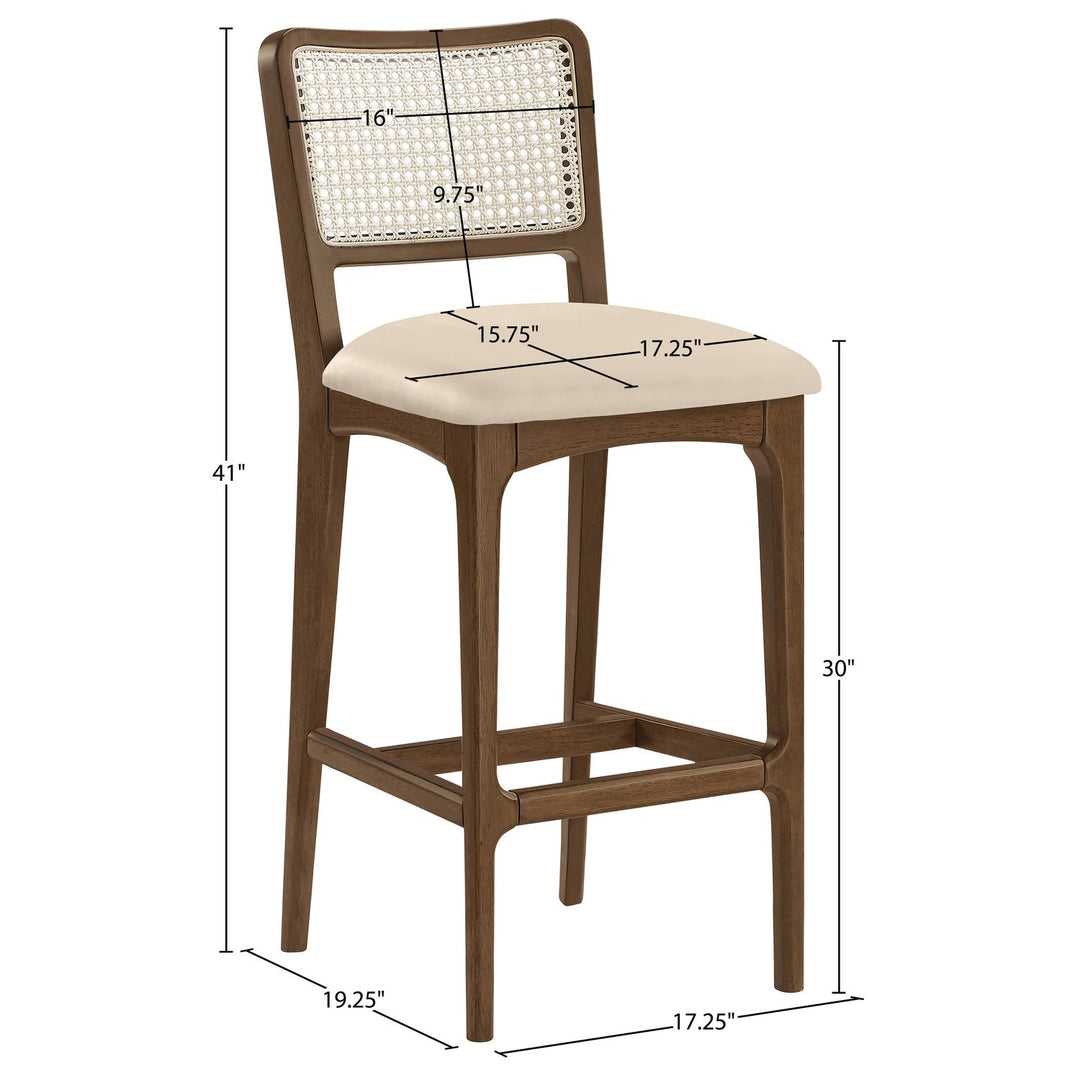 Atrium Cane Back And Vegan Leather Upholstered Bar Stool — Beige / Brushed Brown