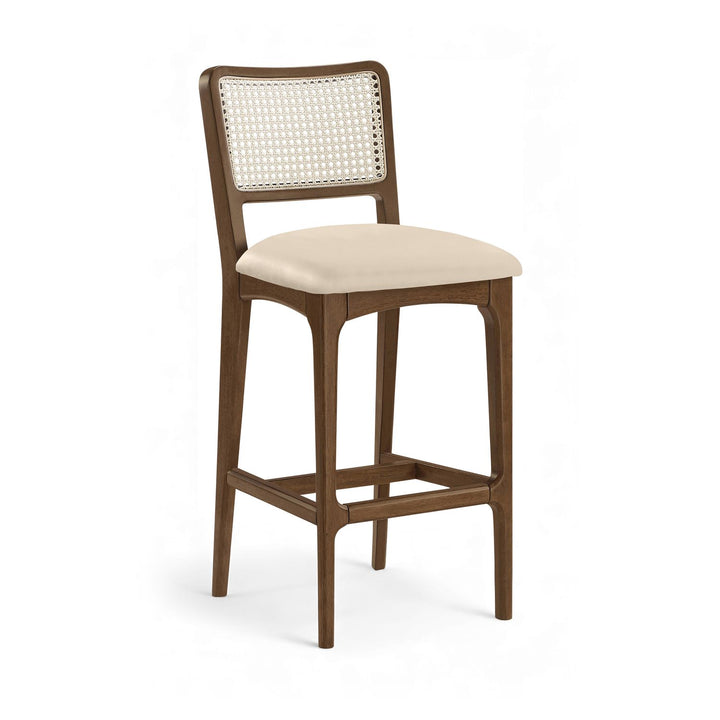 Atrium Cane Back And Vegan Leather Upholstered Bar Stool — Beige / Brushed Brown
