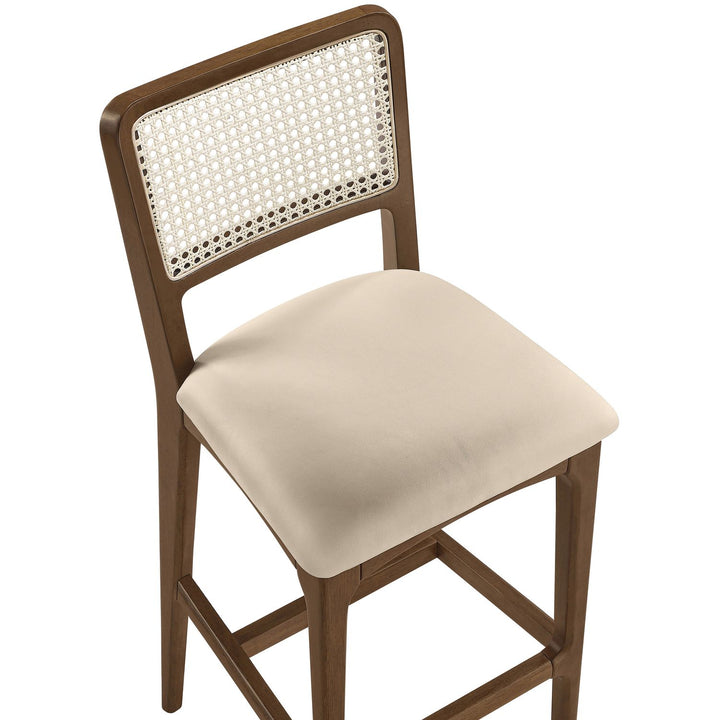 Atrium Cane Back And Vegan Leather Upholstered Bar Stool — Beige / Brushed Brown