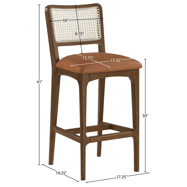 Atrium Cane Back And Vegan Leather Upholstered Bar Stool — Cognac / Brushed Brown