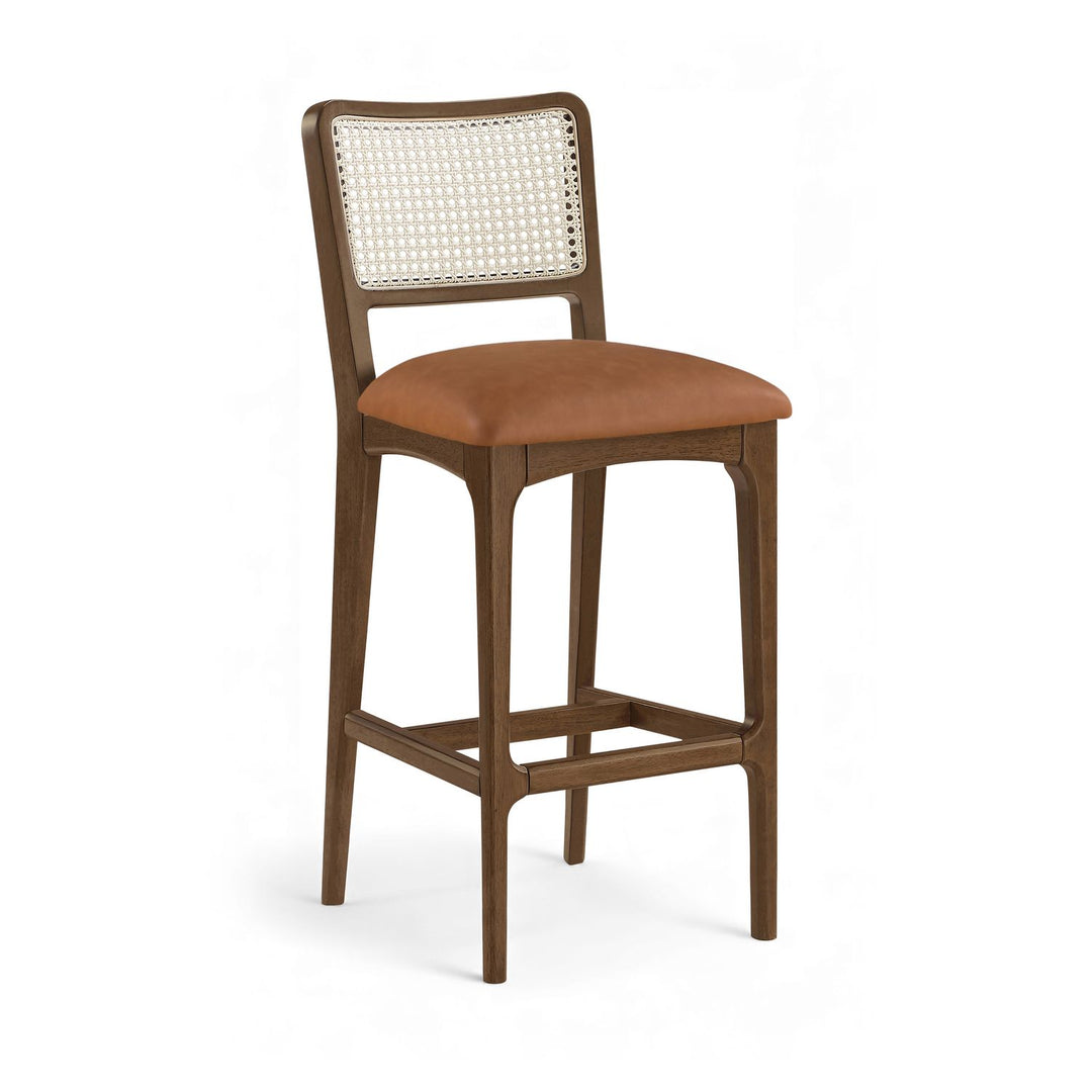 Atrium Cane Back And Vegan Leather Upholstered Bar Stool — Cognac / Brushed Brown