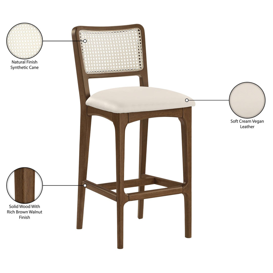 Atrium Cane Back And Vegan Leather Upholstered Bar Stool — Cream / Brushed Brown