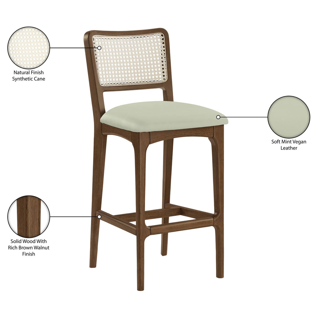Atrium Cane Back And Vegan Leather Upholstered Bar Stool — Mint / Brushed Brown