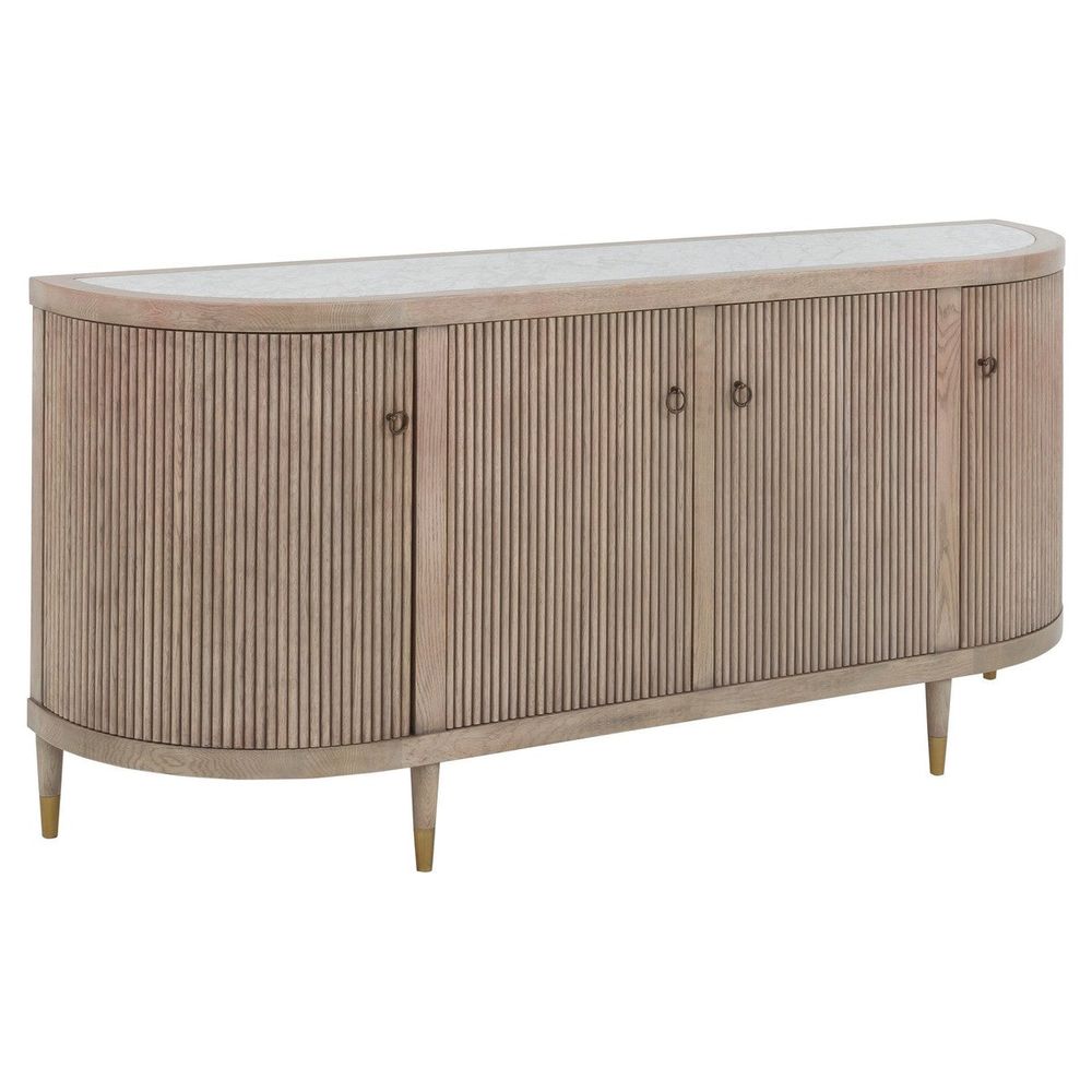 Everett Credenza, shown in light taupe wood and warm beige with wood, marble, and enclosed multi-door cabinet storage.