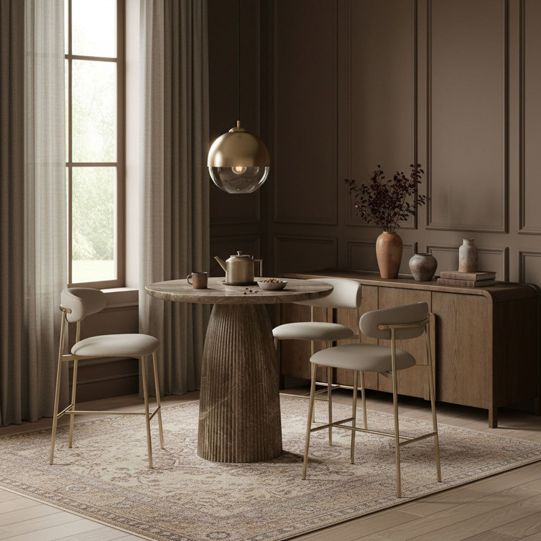 Lupita Vegan Leather Upholstered Bar Stool — Taupe / Brushed Gold