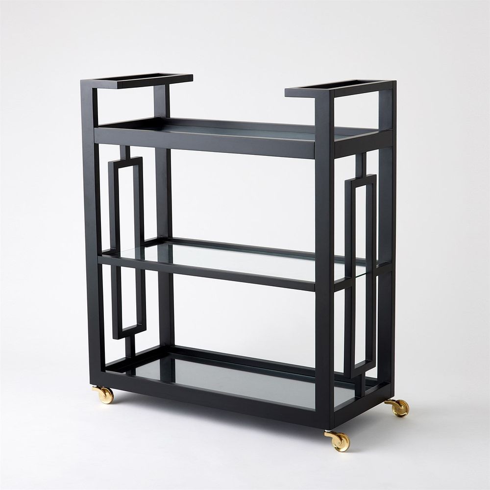 Bar Storage: Carts Grid Block Bar Cart-Black Lacquer with Shiny Brass Wheels