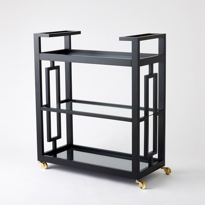 Bar Storage: Carts Grid Block Bar Cart-Black Lacquer with Shiny Brass Wheels