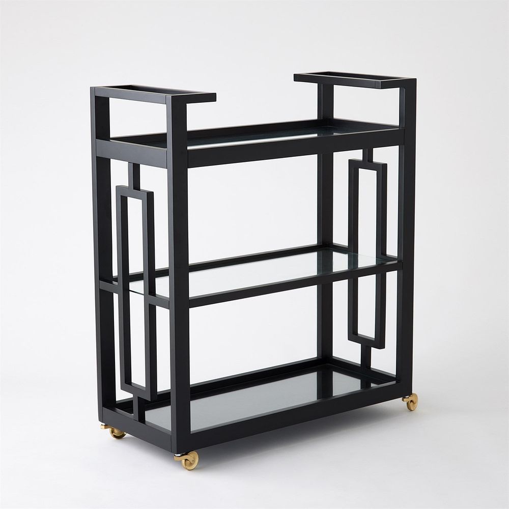 Bar Storage: Carts Grid Block Bar Cart-Black Lacquer with Shiny Brass Wheels