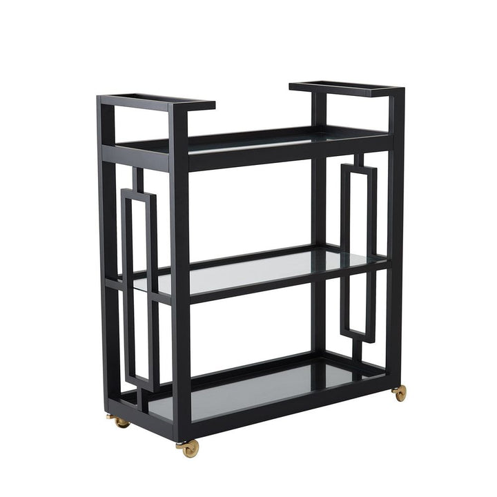 Bar Storage: Carts Grid Block Bar Cart-Black Lacquer with Shiny Brass Wheels