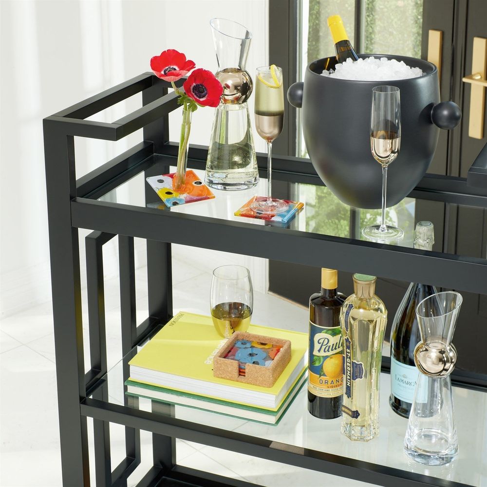Bar Storage: Carts Grid Block Bar Cart-Black Lacquer with Shiny Brass Wheels